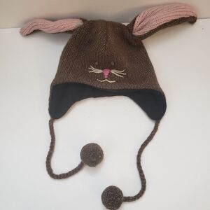 Bunny Rabbit Knit Wool Hat Handmade Brown Pink EUC